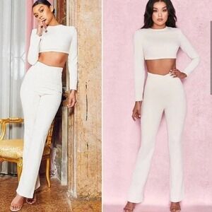 House of CB Aguzin Wide Leg Trousers Pant Back Zip Cream Women's Size L NWT